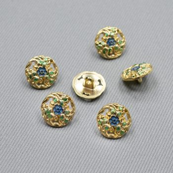 Пуговицы металлические, золото и синий цветок (14мм) (005638)