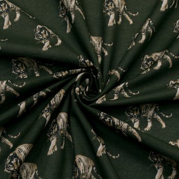 Ситец хлопковый с тиграми, цвет темно-зеленый (011689)