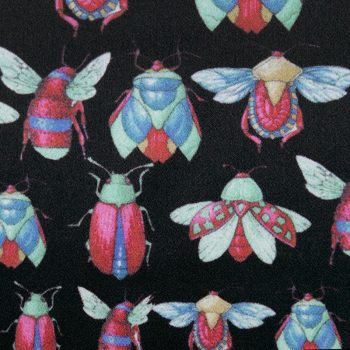 Атлас шелковый с рисунком, разноцветные жуки на черном (011814)