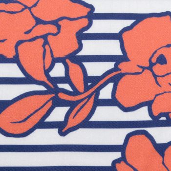 Сатин сорочечный в синюю полоску с оранжевыми цветами (012189)