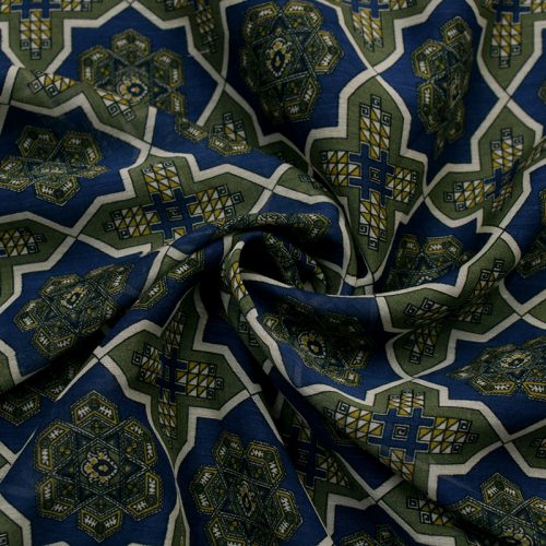 Батист шелковый купонный в византийском стиле, синий-хаки (012533)