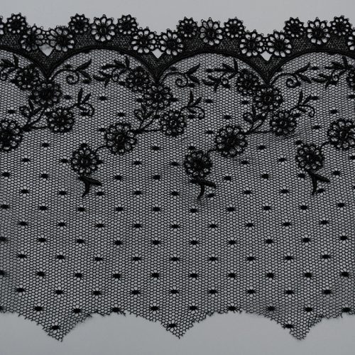 Кружево вышитое на сетке с мушками, 250 мм, цвет черный (012627)