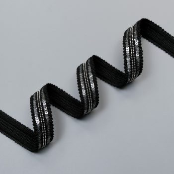 Тесьма декоративная с пайетками, черный с цепью, 20 мм (013535)
