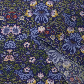 Крепдешин шелковый с узором из вьюнков и цветений, сине-зеленый (013651)
