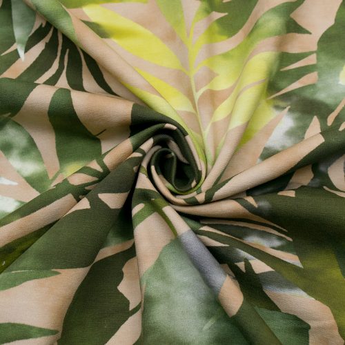 Футер-петля в стиле тай-дай, бежево-зеленые тропики (013752)