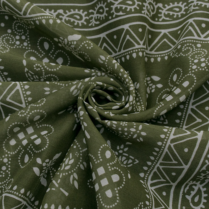 Батист шелковый с купонной росписью на оливково-зеленом (012535)